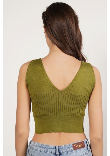 Kadın OLIVE Organik Pamuk Likralı Crop Triko Atlet Örme Bluz TRIST-6109