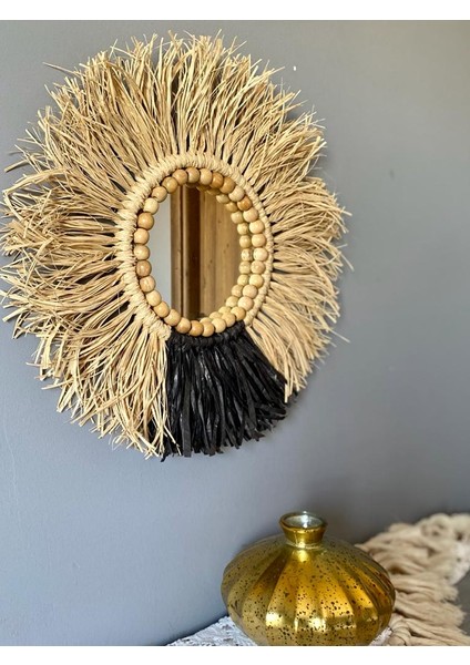 Sintad Kattuna Wall Art Rafya ve Boncuklu Ayna Duvar Dekorasyon Ürünü Tekli