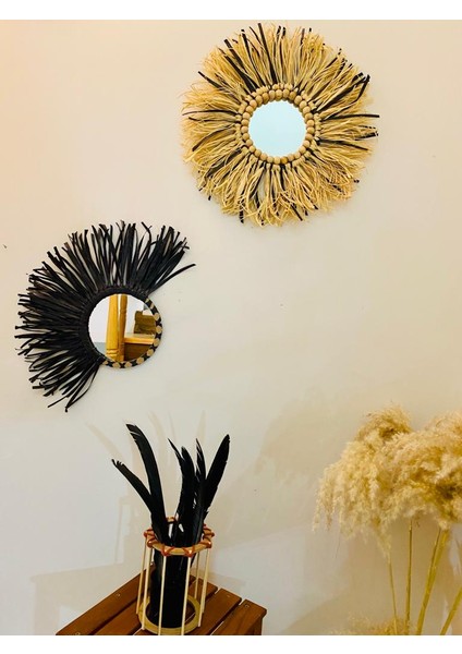 Sintad Kattuna Wall Art Rafya ve Boncuk Ayna Duvar Dekorasyon Ürünü 2’li Siyah Set