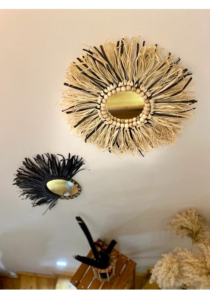 Sintad Kattuna Wall Art Rafya ve Boncuk Ayna Duvar Dekorasyon Ürünü 2’li Siyah Set
