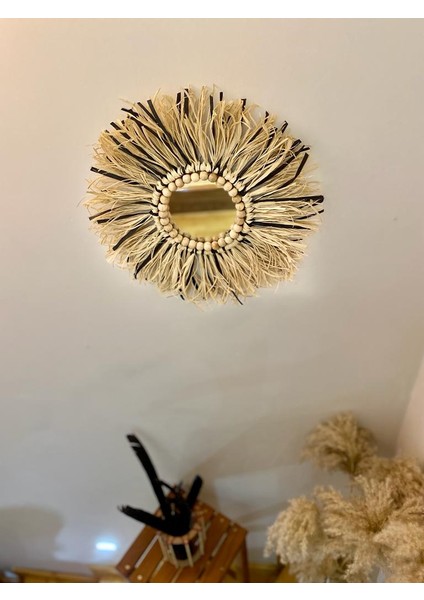 Sintad Kattuna Wall Art Rafya ve Boncuk Ayna Duvar Dekorasyon Ürünü 2’li Siyah Set