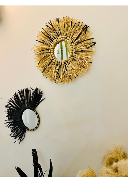 Sintad Kattuna Wall Art Rafya ve Boncuk Ayna Duvar Dekorasyon Ürünü 2’li Siyah Set