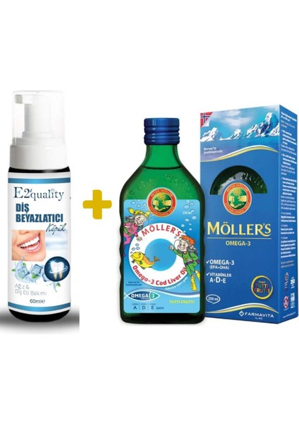 E2'Quality Diş Beyazlatıcı Köpük + Möllers Omega 3 Balık Yağı 250 Ml Tutti Frutti Aromalı