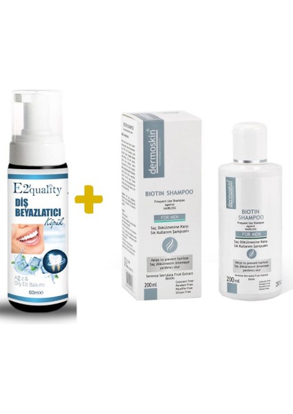 E2'Quality Diş Beyazlatıcı Köpük + Dermoskin Biotin Shampoo For Men 200 Ml Erkeklere Özel Dökülme Önleyici Şampuan