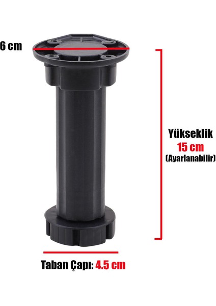 Ayarlanabilir Dolap Mobilya Mutfak Tezgah Yükseltici Ayağı 15 Cm Siyah Denge Ayakları (4 Adet)