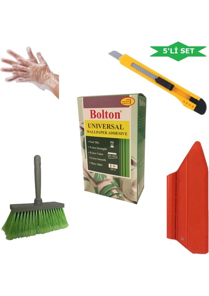 5'li Set 500GR. Duvar Kağıdı Yapıştırıcısı(Tutkal-Fırça-Spatula-Falçata-Şeffaf Eldiven)
