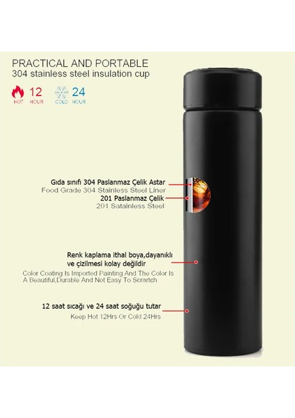 LED Sıcaklık Göstergeli Akıllı Vakumlu Yalıtımlı Termos 500ML