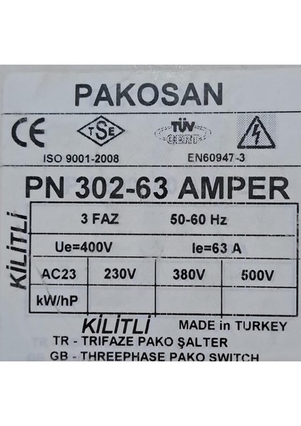 3 Fazlı Aç-Kapa Şalter 63 Amper 0-1 fiyatları