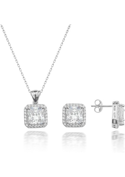 925 Ayar Gümüş Kare Baget Tek Taş Kolye Küpe Takı Seti fiyatları