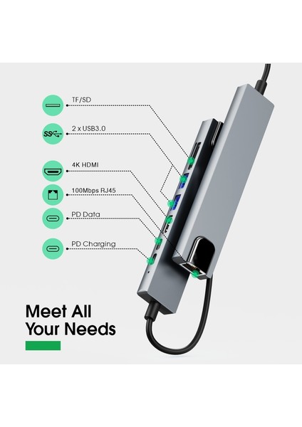 Macbook Pro Type C Hub Çevirici Dönüştürücü Çoklayıcı Pd Şarj 87W Hdmı Sd Ethernet Girişli 8 In 1