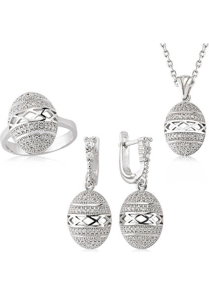 Gümüş Zirkon Taşlı Oval Kadın Set