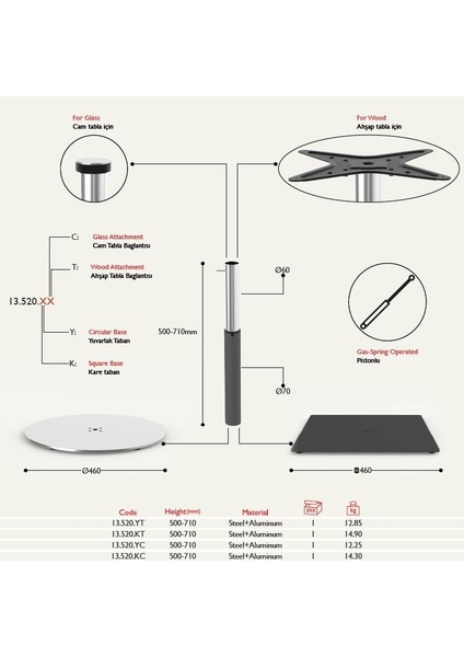 Tablalı Sehpa Ayağı 13.520 - Yükseklik Ayarlı Pistonlu Metalik Gri fiyatları