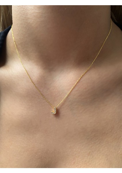 925 Ayar Zirkon Taşlı Gold Minimal J Hafli Kolye Uzunluk 42 cm modelleri