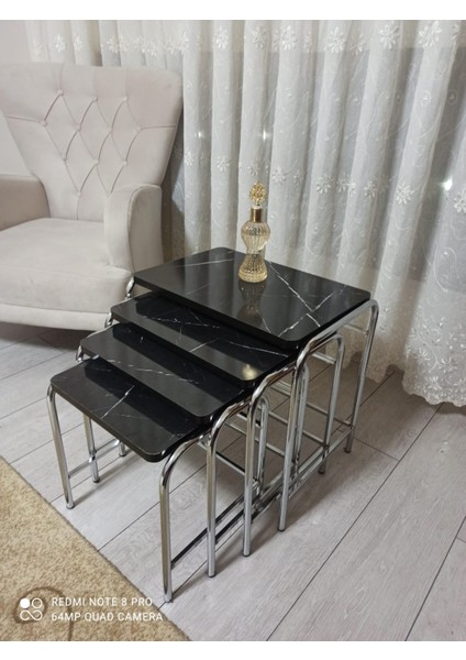 4'lü Zigon Sehpa Nikelaj Kaplama Metal Ayaklı Siyah Mermer Desen