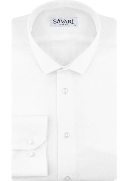 Slim Fit Armür Desenli Beyaz Erkek Gömlek