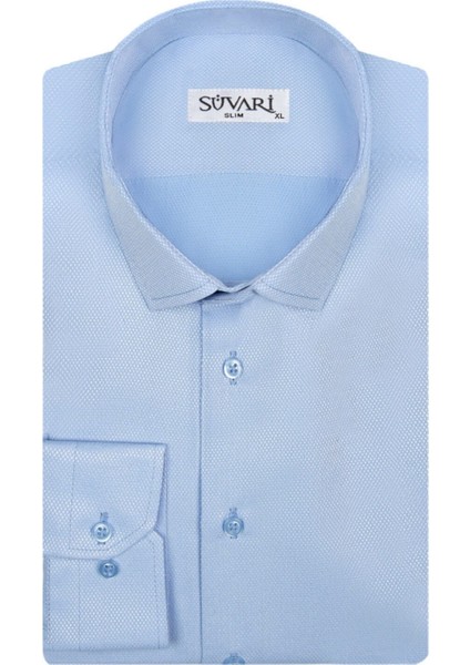 Slim Fit Armür Desenli Açık Mavi Erkek Gömlek