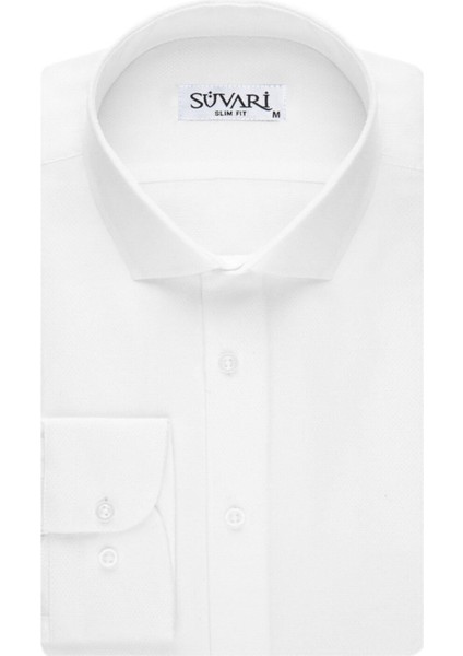 Slim Fit Armür Desenli Beyaz Erkek Gömlek