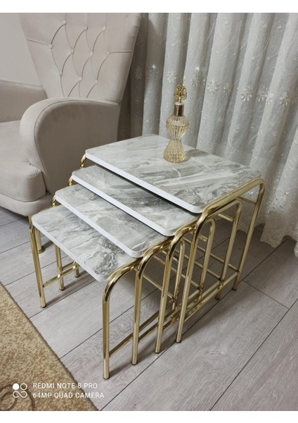 Zigon Sehpa Sarı Nikelaj Kaplama Metal Ayaklı Alaca Beyaz Mermer Desen
