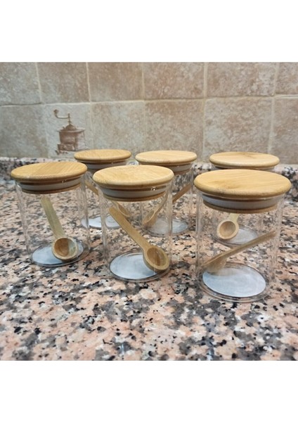6'lı Vakumlu, Ahşap Kapaklı ve Kaşıklı Borosilikat Cam Baharatlık 200ML