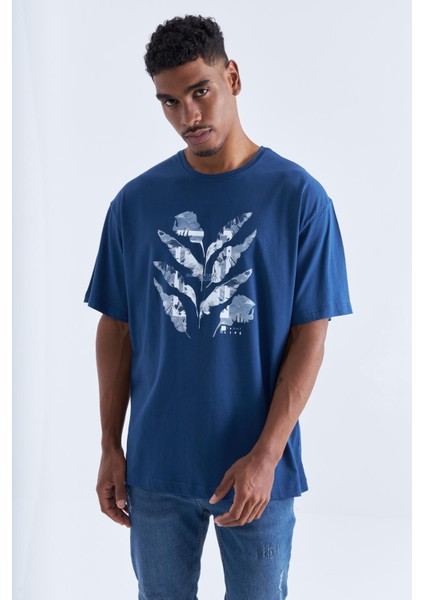 Indigo Büyük Baskılı O Yaka Erkek Oversize T-Shirt - 88092