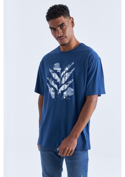 Indigo Büyük Baskılı O Yaka Erkek Oversize T-Shirt - 88092