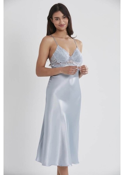 Uzun Saten Sabahlık Gecelik Set 4370 Mist modelleri