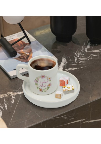 Kişiye Özel Sunum Tabaklı Çiçek Tasarımlı Türk Kahvesi Fincanı Model 4