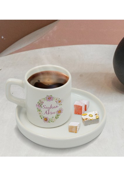 Kişiye Özel Sunum Tabaklı Çiçek Tasarımlı Türk Kahvesi Fincanı Model 4