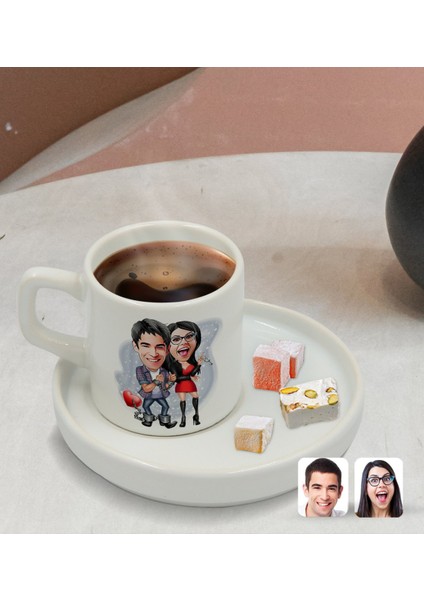 Kişiye Özel Sunum Tabaklı Sevgililer Karikatürlü Türk Kahvesi Fincanı Model 1 modelleri