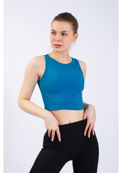 Kadın Mavi Fitilli Örme Crop Atlet modelleri