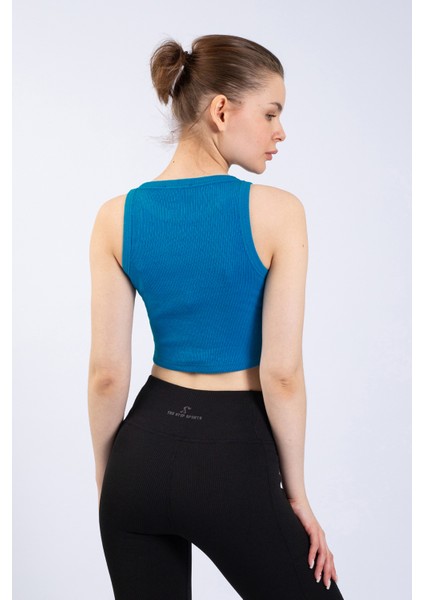 Kadın Mavi Fitilli Örme Crop Atlet indirimleri