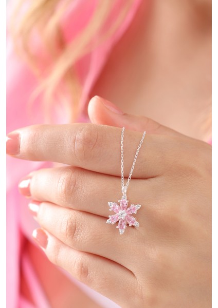 925 Ayar Gümüş Zincirli Pembe Damla Taşlı Kamelya Lotus Çiçeği Kolye
