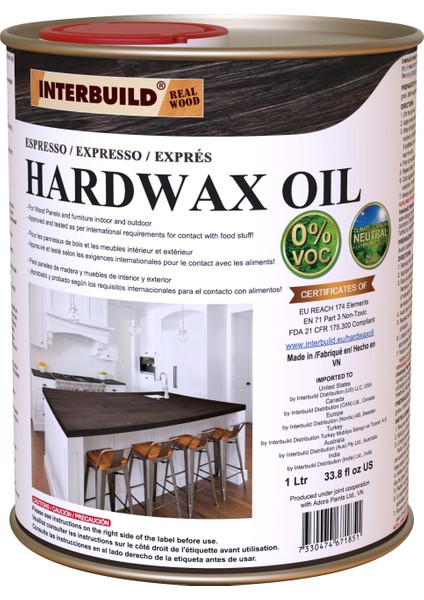 Interbuild Hardwax Oil (0%) Voc 1 L Mobilya ve Ahşap Tezgah Yağı, Espresso