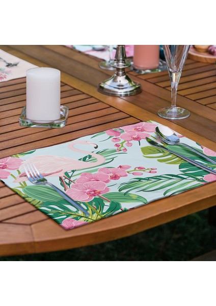 6'lı Pembe Temalı Flamingo Tasarımlı Dijital Baskılı Modern Sunum Altlığı - Amerikan Servis Seti