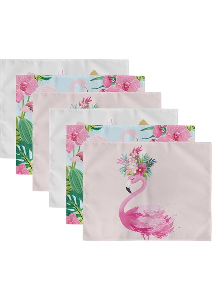 6'lı Pembe Temalı Flamingo Tasarımlı Dijital Baskılı Modern Sunum Altlığı - Amerikan Servis Seti
