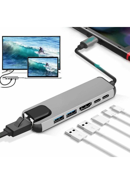 6 In 1 Macbook Uyumlu Type-C™ To 4K HDMI Tv Projeksiyon Ultra Hd 1080P 2* Type-C 2* USB 3.0 100MBPS Ethernet Lan 6ın1 Çevirici Hub Adaptör