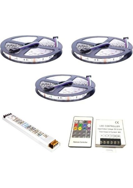 RGB Şerit Led Set 12V 5050 Üç Çipli 15-20-25-30m 15 Metre-Iç Mekan (Slikonsuz)-24 Amper Rf Dokunmatik