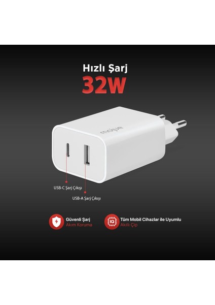 mojue by ttec MS13 Duo PD 32W Seyahat Hızlı Şarj Aleti USB-C+USB-A-Beyaz