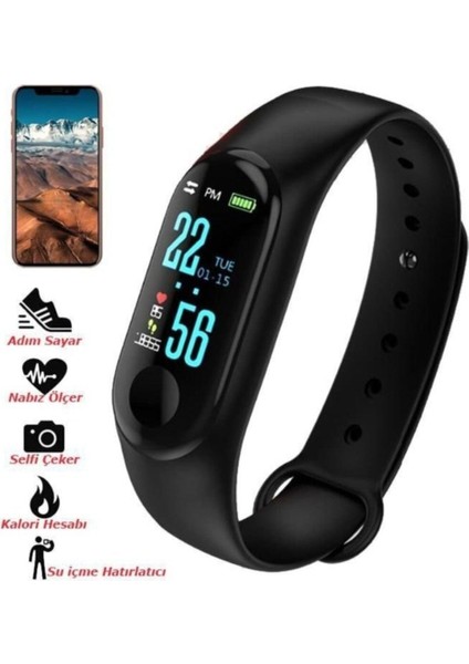Akıllı Bileklik Titreşimli Su Geçirmez Renkli Ekran Nabız Ölçer Tüm Telefonlar ile Uyumlu M3 Siyah
