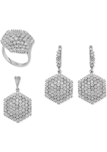 Gümüş Zirkon Taşlı Altıgen Bayan Set
