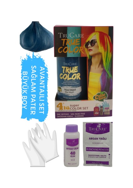 Truecolor Mavi Büyü Renkli Neon Saç Boyası Seti Saç Açıcı ve Eldivenli