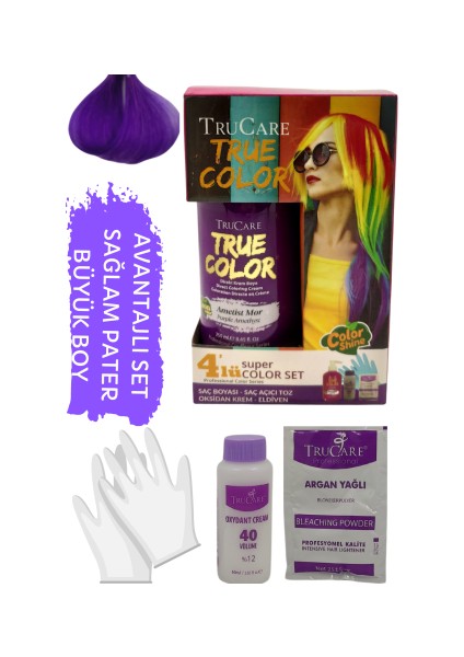 Truecolor Ametist Renkli Neon Saç Boyası Seti Saç Açıcı ve Eldivenli