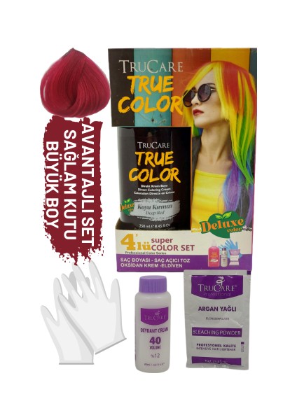 Truecolor Koyu Kırmızı Saç Boyası Seti Saç Açıcı ve Eldivenli