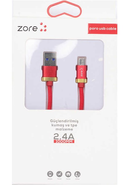 Zore Poro Micro USB Kablo 1m-Kırmızı