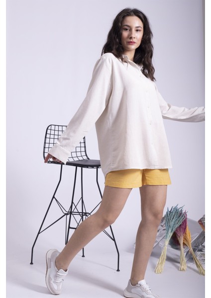 Keten Gömlek Oversize Krem