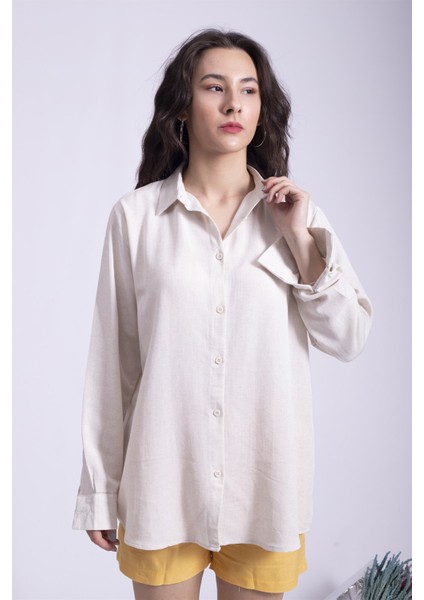 Keten Gömlek Oversize Krem
