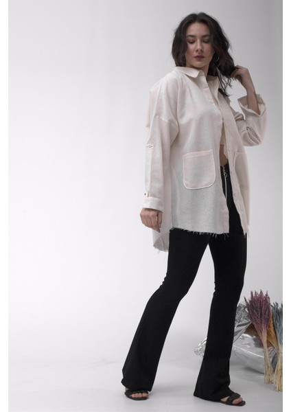 Noktalı Çift Cepli Keten Gömlek Oversize Krem