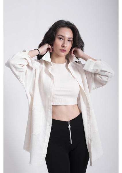 Noktalı Çift Cepli Keten Gömlek Oversize Krem