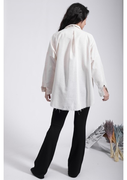 Noktalı Çift Cepli Keten Gömlek Oversize Krem