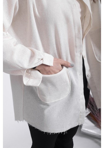 Noktalı Çift Cepli Keten Gömlek Oversize Krem